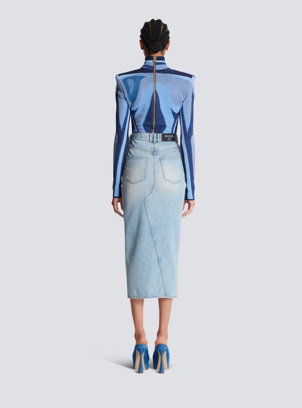 Balmain Paris Jupe Midi En Denim Bleu - Femme