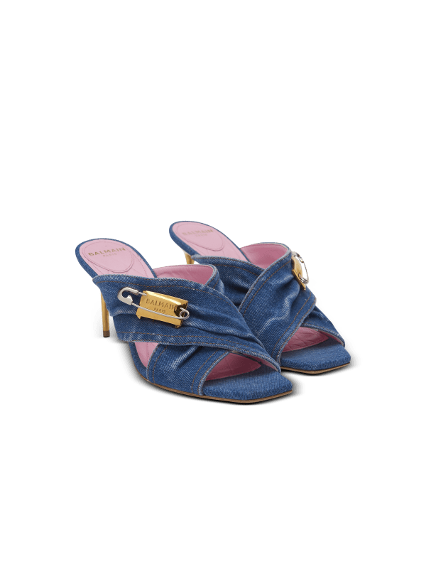 Balmain Paris Mules Safety Pin En Denim Bleu - Femme