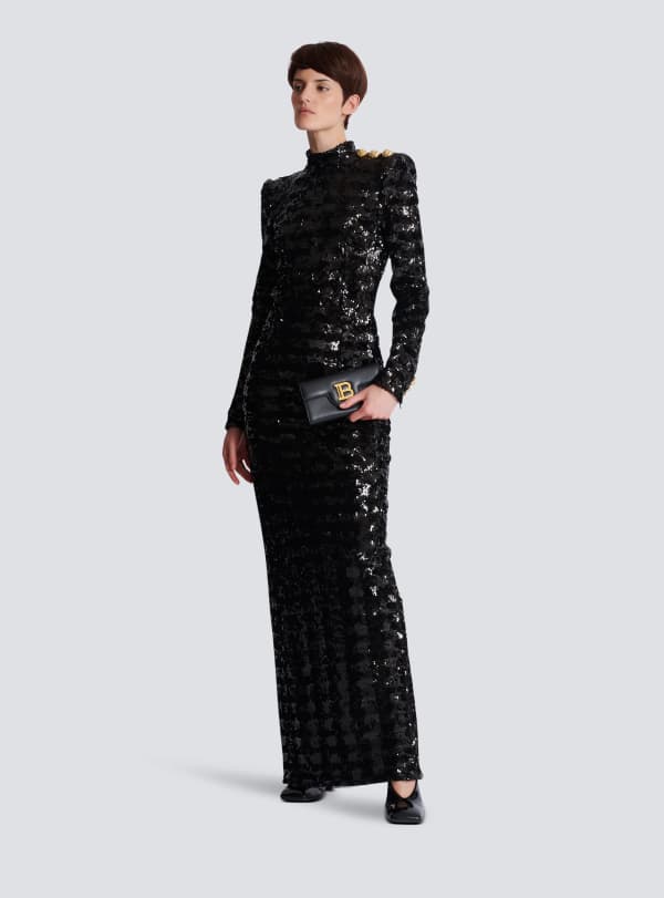 Balmain Paris Robe Longue En Sequins Noir - Femme