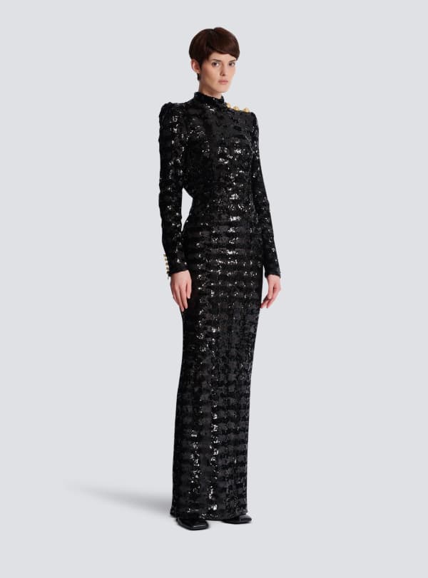 Balmain Paris Robe Longue En Sequins Noir - Femme