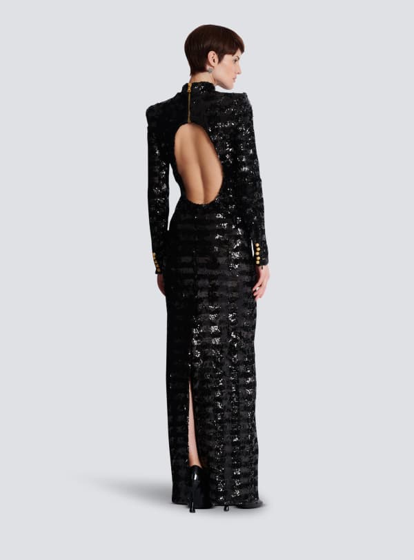 Balmain Paris Robe Longue En Sequins Noir - Femme