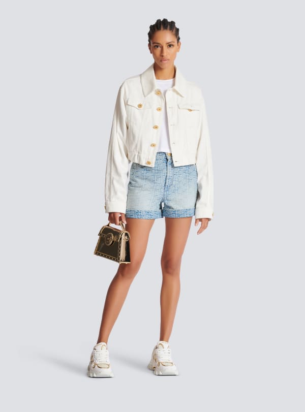Balmain Paris Short En Jean Monogramme Bleu - Femme