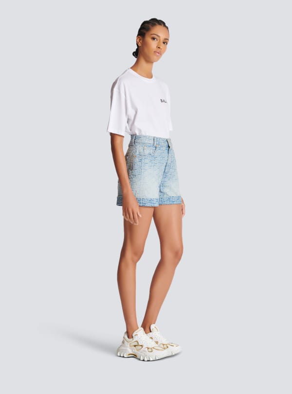 Balmain Paris Short En Jean Monogramme Bleu - Femme