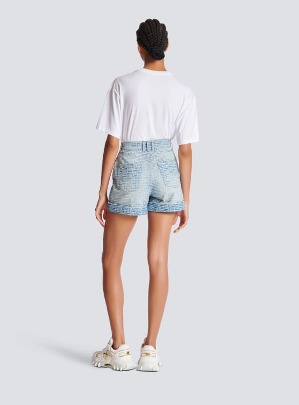 Balmain Paris Short En Jean Monogramme Bleu - Femme