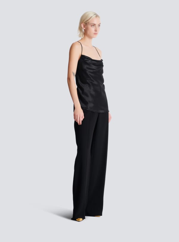 Balmain Paris Top En Satin Drapé Noir - Femme
