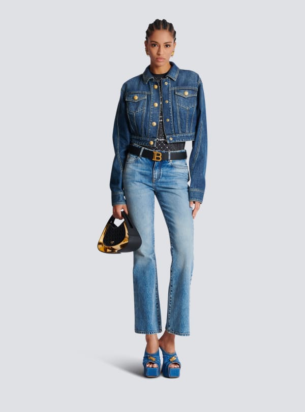 Balmain Paris Veste Courte En Denim Bleu - Femme
