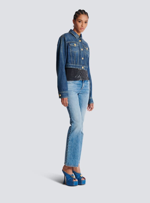 Balmain Paris Veste Courte En Denim Bleu - Femme