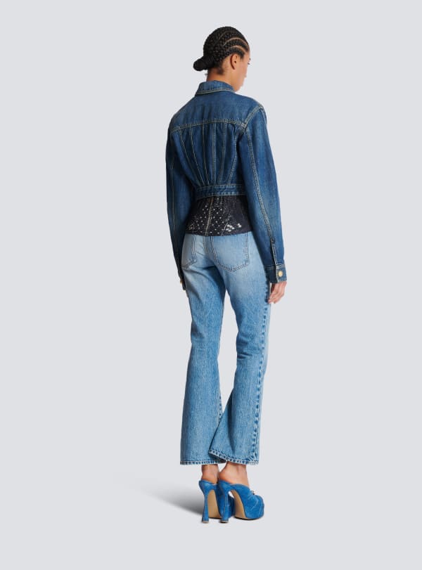 Balmain Paris Veste Courte En Denim Bleu - Femme