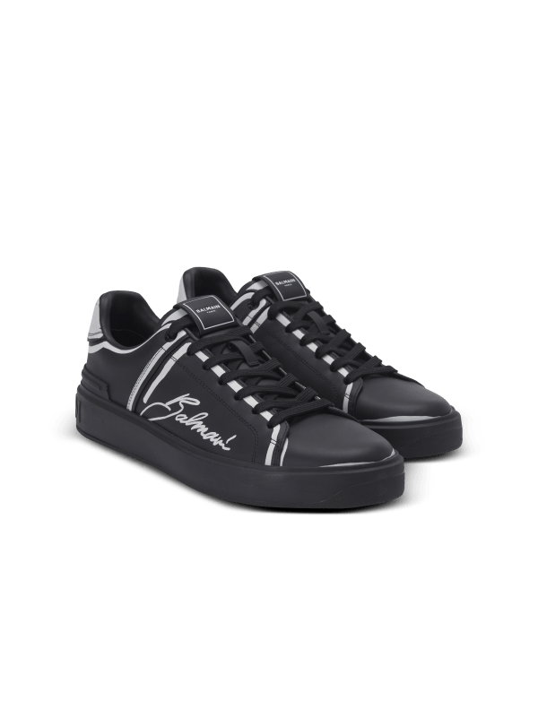 Balmain Paris Baskets B-Court En Cuir De Veau Imprimé Noir - Homme