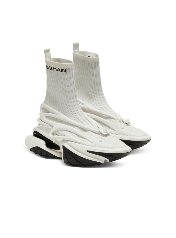 Balmain Paris Baskets Unicorn Montantes En Maille Et Cuir Blanc - Homme