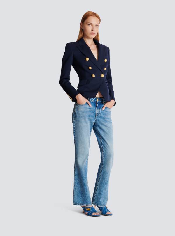 Balmain Paris Blazer à Double Boutonnage En Laine Bleu Marine - Femme