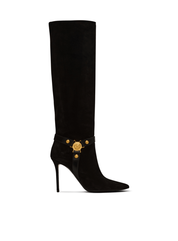 balmain paris Bottes Eva à talons en cuir suédé plissé noir - Femme