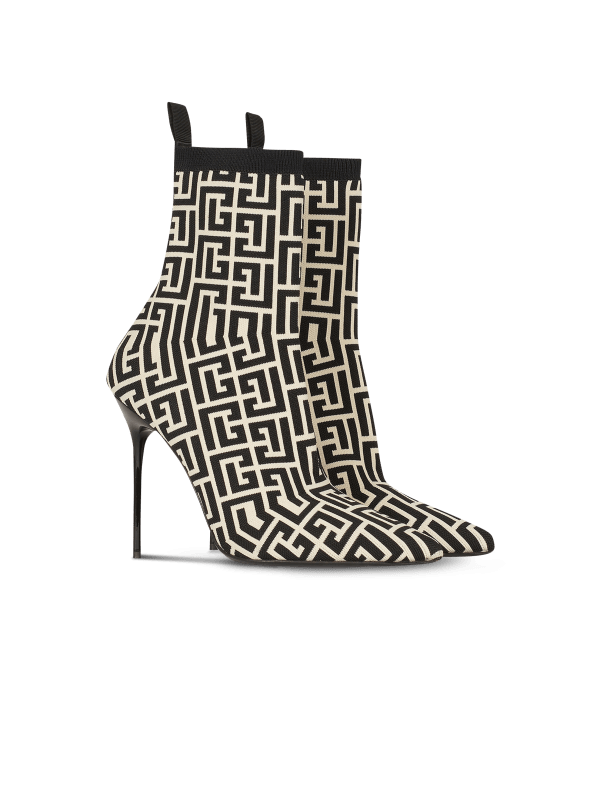 Balmain Paris Bottines Skye En Maille Stretch à Monogramme Noir - Femme