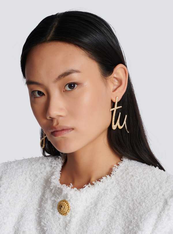 Balmain Paris Boucles D'oreilles Pronoms En Laiton Et Cristaux Or - Femme