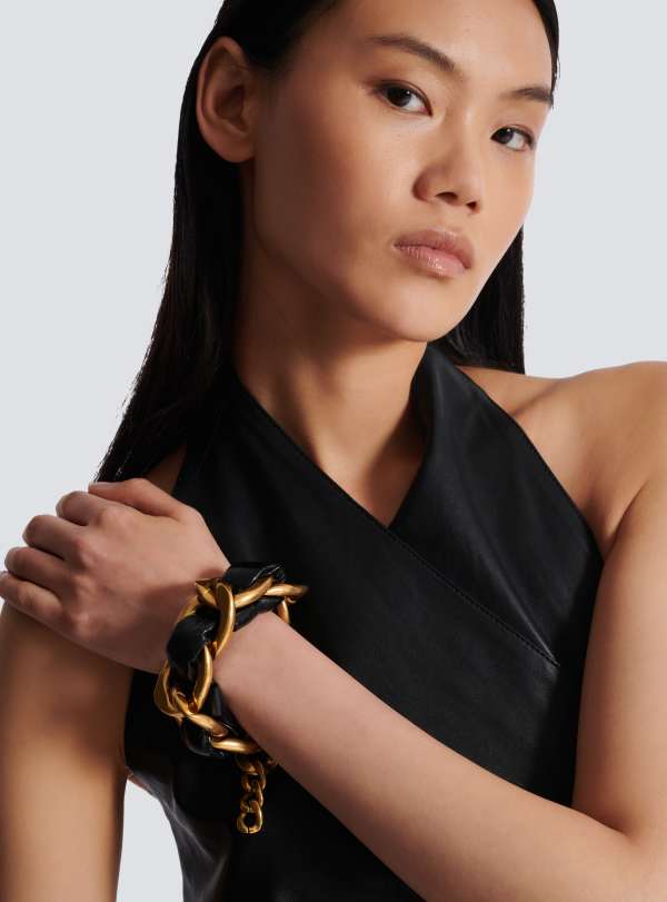 Balmain Paris Bracelet 1945 Soft En Chaîne Et Cuir Noir - Femme