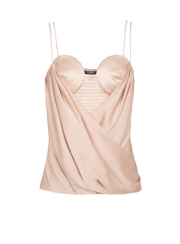 balmain paris Bustier à fines bretelles en satin beige - Femme