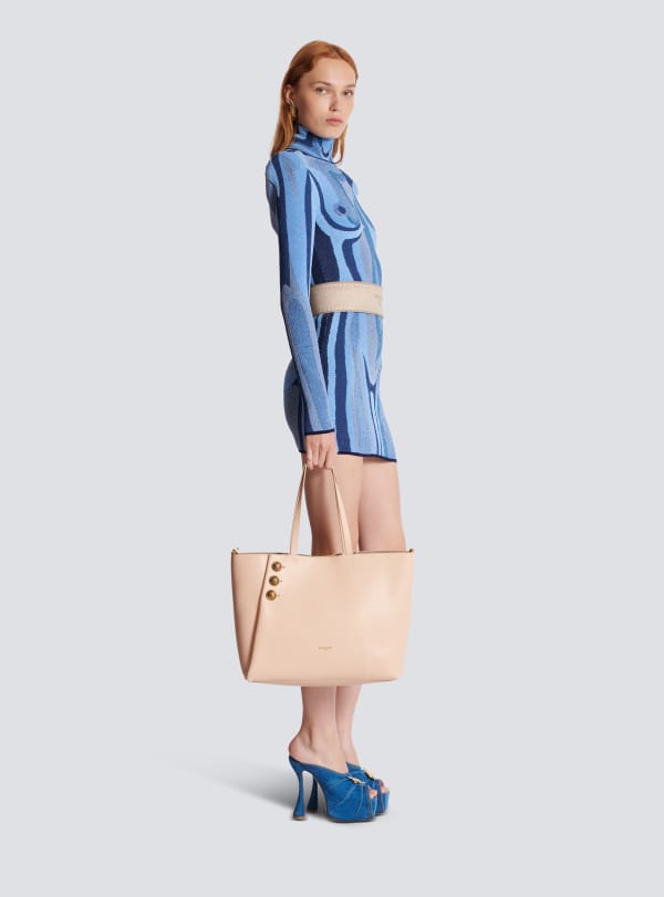 Balmain Paris Cabas Emblème En Cuir De Veau Grainé Beige - Femme