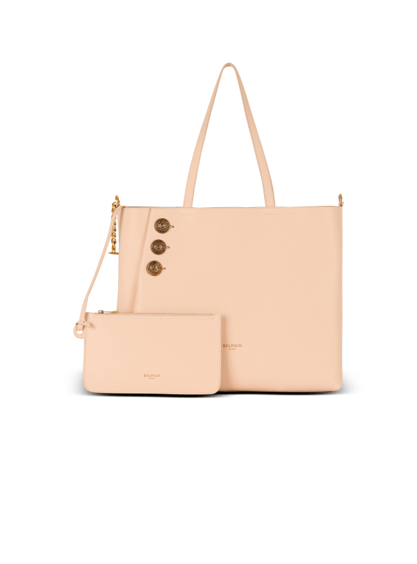 Balmain Paris Cabas Emblème En Cuir De Veau Grainé Beige - Femme