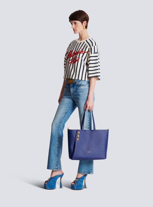 Balmain Paris Cabas Emblème En Cuir De Veau Grainé Bleu Marine - Femme