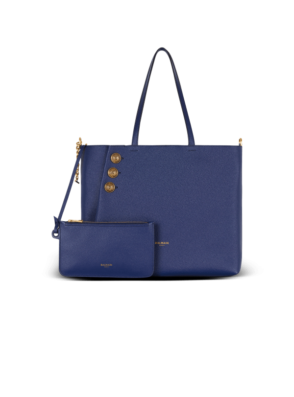 Balmain Paris Cabas Emblème En Cuir De Veau Grainé Bleu Marine - Femme