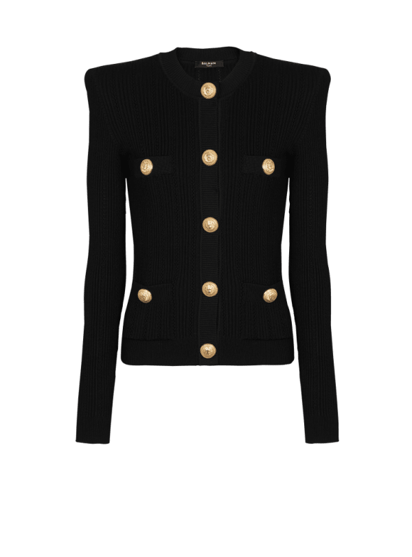 balmain paris Cardigan court en maille à boutons dorés noir - Femme