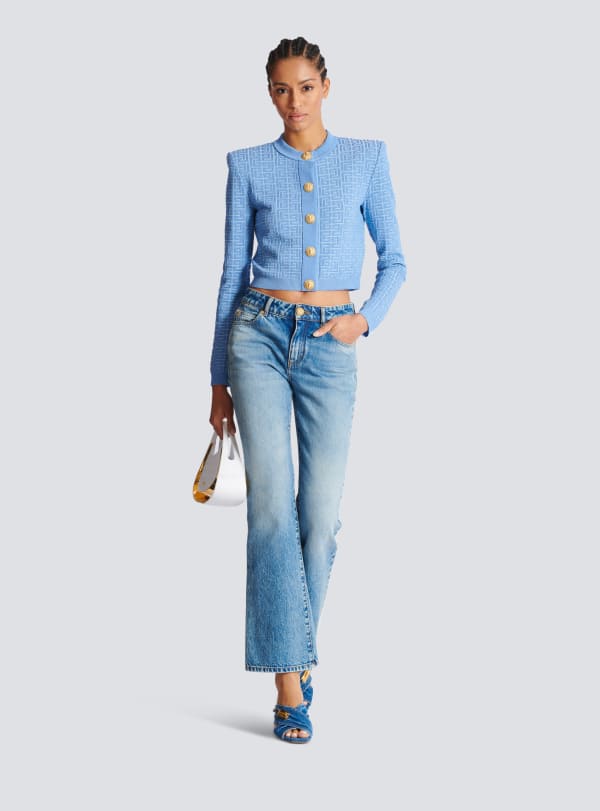 Balmain Paris Cardigan En Maille à Monogramme PB Labyrinthe Bleu - Femme