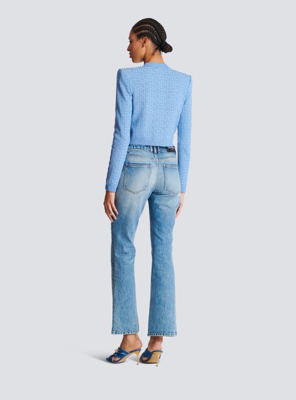 Balmain Paris Cardigan En Maille à Monogramme PB Labyrinthe Bleu - Femme