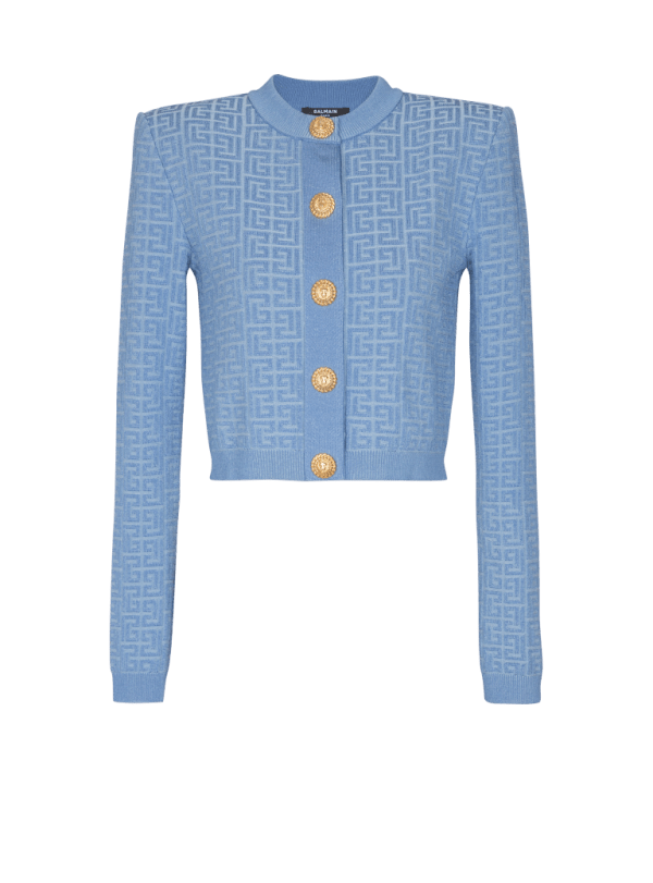 balmain paris Cardigan en maille à monogramme PB Labyrinthe bleu - Femme