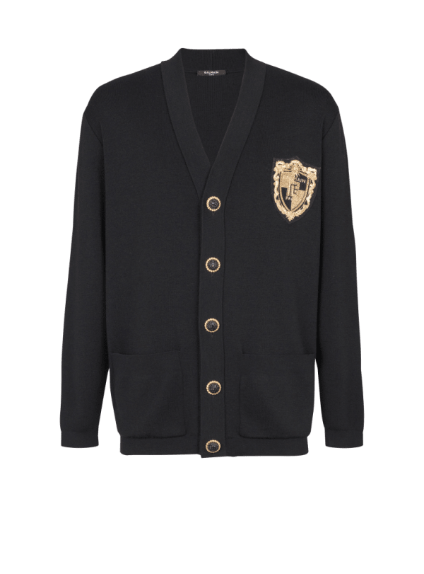 balmain paris Cardigan en maille avec patch brodé noir - Homme balmain paris Cardigan en maille avec patch brodé noir - Homme