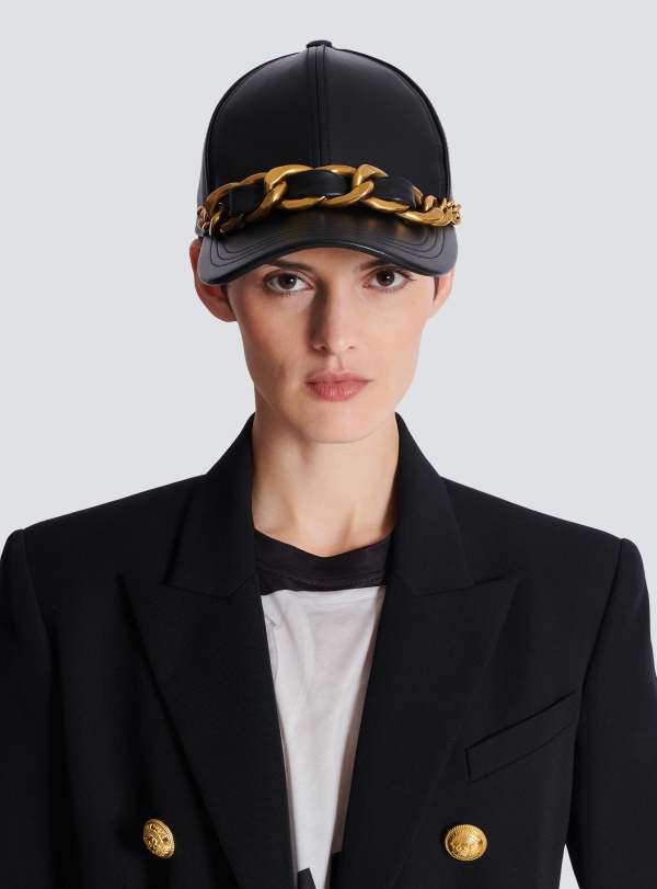 Balmain Paris Casquette En Cuir D'agneau Avec Chaîne Noir - Femme