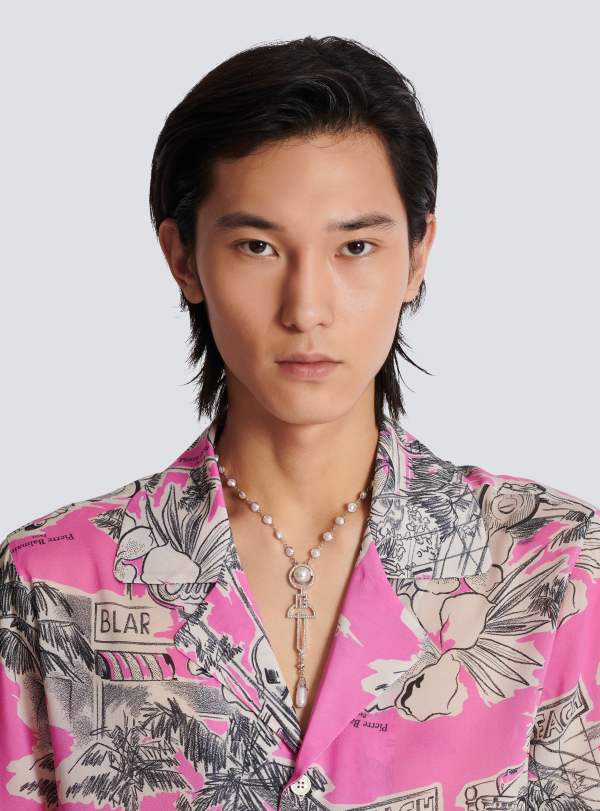 Balmain Paris Collier Art Déco En Perles Laiton Et Strass Argent - Homme