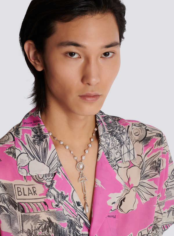 Balmain Paris Collier Art Déco En Perles Laiton Et Strass Argent - Homme