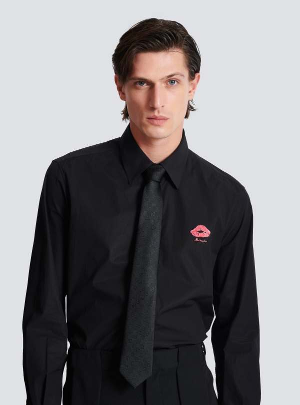 Balmain Paris Cravate Fine En Soie à Monogramme PB Labyrinthe Noir - Homme