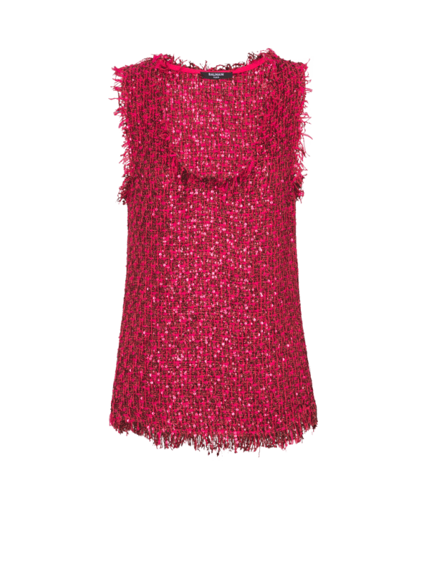 balmain paris Haut en tweed à paillettes rose - Femme