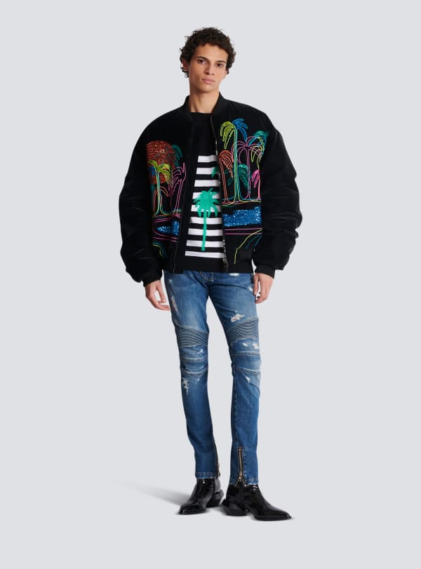 Balmain Paris Jean Biker En Denim Délavé Bleu - Homme