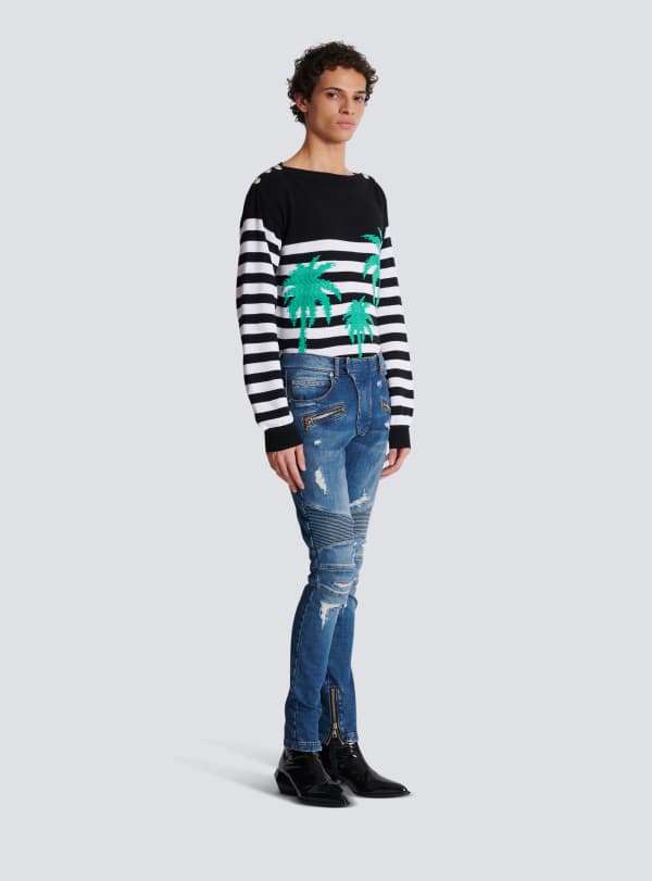 Balmain Paris Jean Biker En Denim Délavé Bleu - Homme