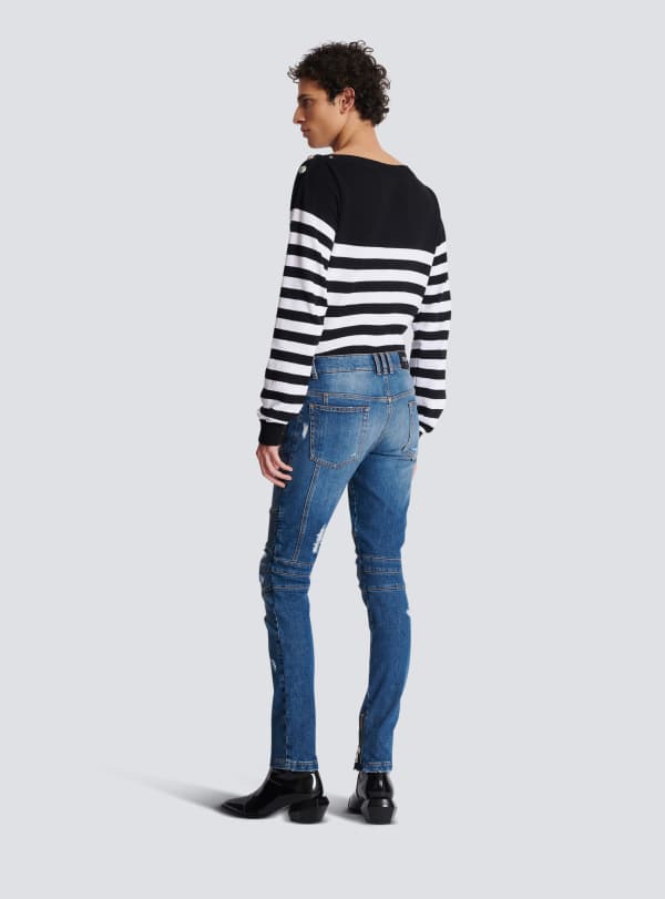 Balmain Paris Jean Biker En Denim Délavé Bleu - Homme