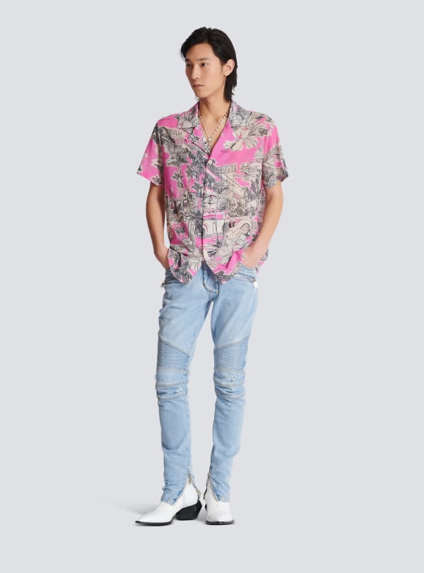 Balmain Paris Jean Biker En Denim Light Blue Bleu - Homme