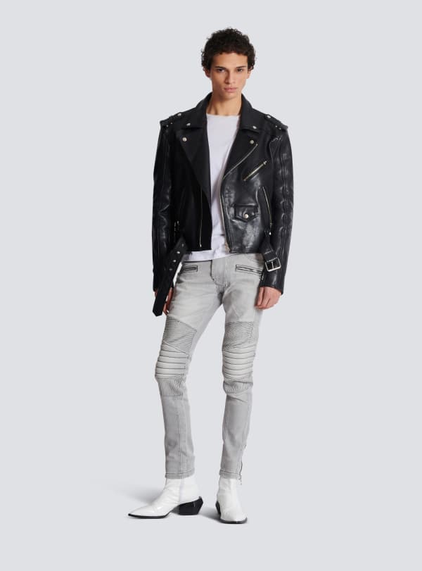 Balmain Paris Jean Biker En Denim Matelassé Grey Gris - Homme