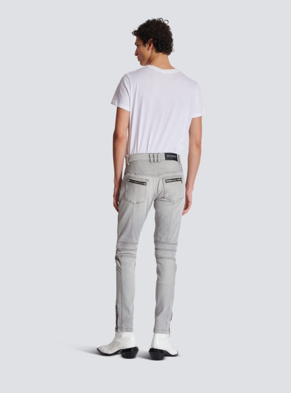 Balmain Paris Jean Biker En Denim Matelassé Grey Gris - Homme