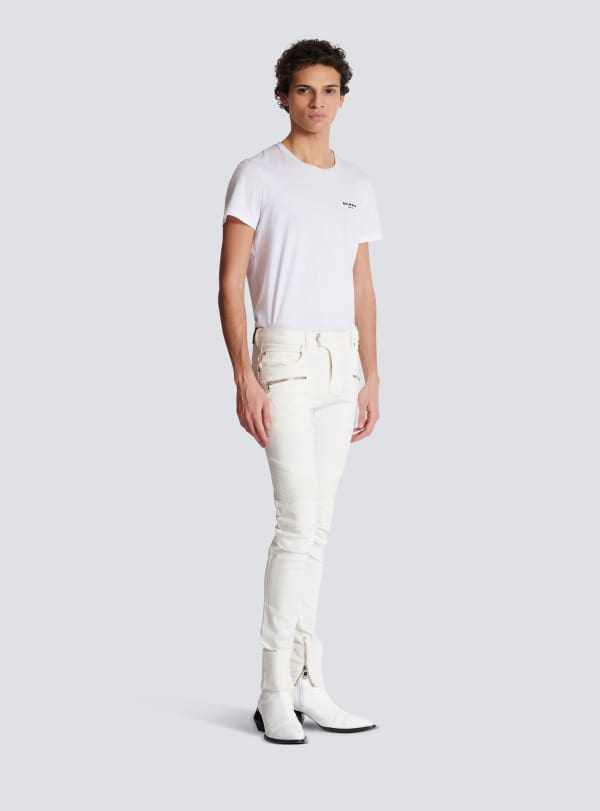 Balmain Paris Jean Biker En Denim White Blanc - Homme