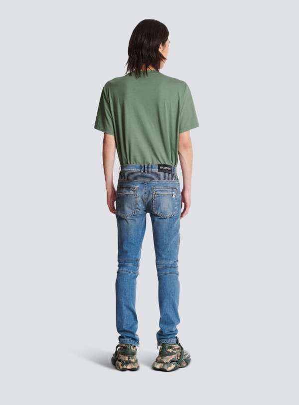 Balmain Paris Jean Biker Slim En Denim Blue Wash Bleu - Homme