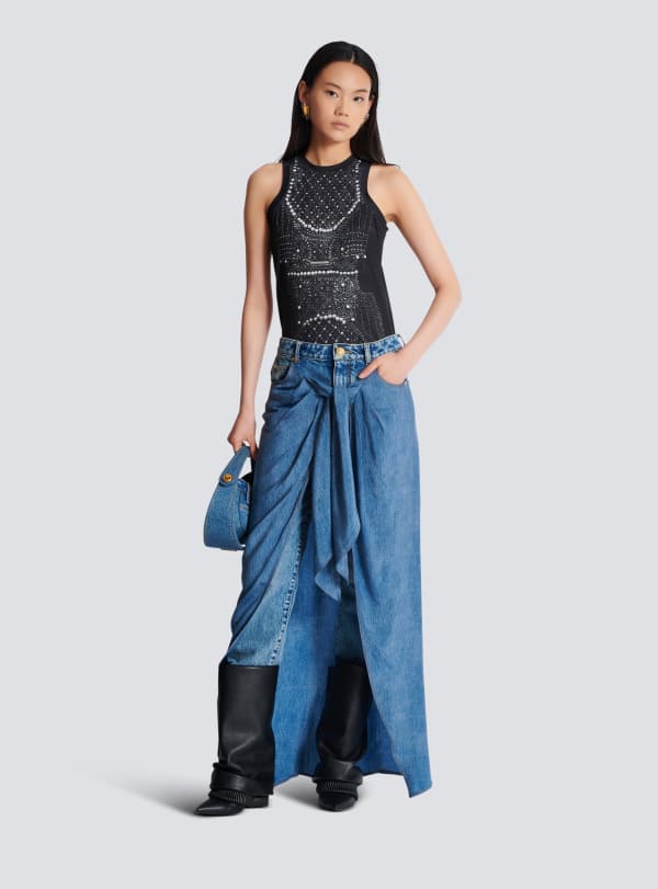 Balmain Paris Jean En Denim Avec Jupe Drapée Bleu - Femme