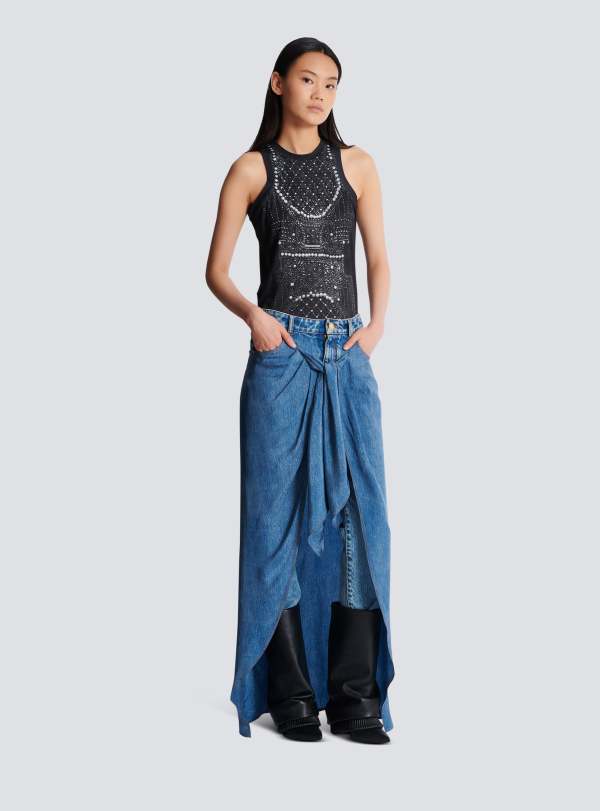Balmain Paris Jean En Denim Avec Jupe Drapée Bleu - Femme
