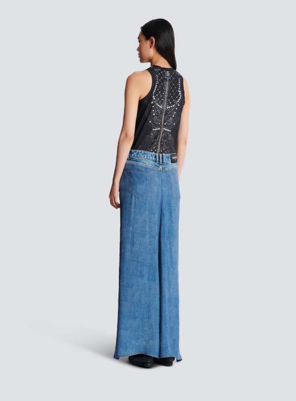 Balmain Paris Jean En Denim Avec Jupe Drapée Bleu - Femme