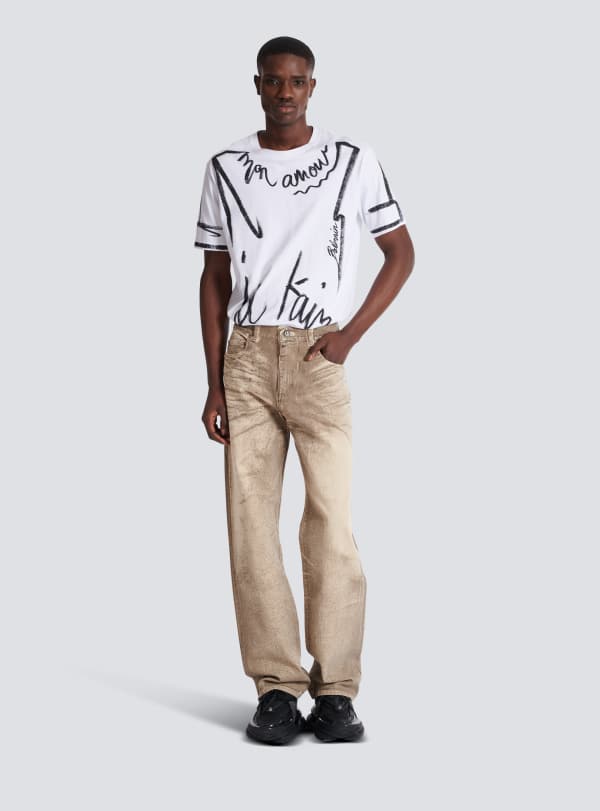 Balmain Paris Jean Loose En Denim Beige Wash Beige - Homme