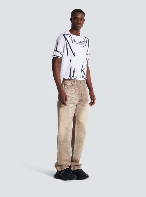 Balmain Paris Jean Loose En Denim Beige Wash Beige - Homme