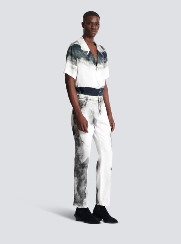 Balmain Paris Jean Regular En Denim Imprimé Moon Blanc - Homme