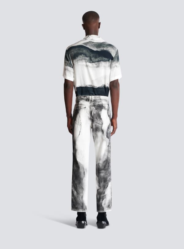 Balmain Paris Jean Regular En Denim Imprimé Moon Blanc - Homme