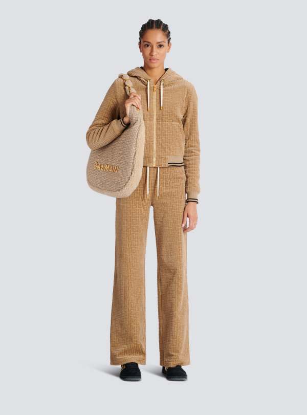 Balmain Paris Jogging En Velours Monogramme PB Labyrinthe Beige - Femme